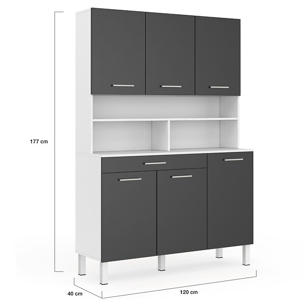 ID MARKET - Buffet de cuisine 120 CM CINA 6 portes + tiroir blanc et gris brillant - large