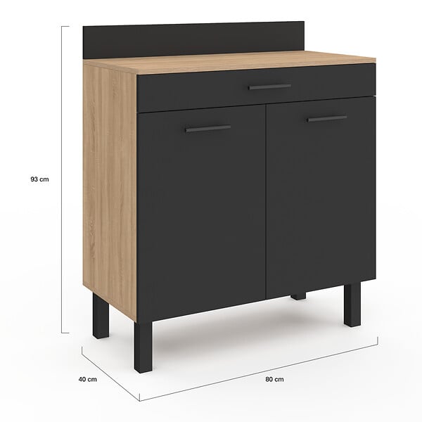 ID MARKET - Buffet bas de cuisine 80 cm CINA plan de travail H.83 cm 2 portes + tiroir façon hêtre et noir - large