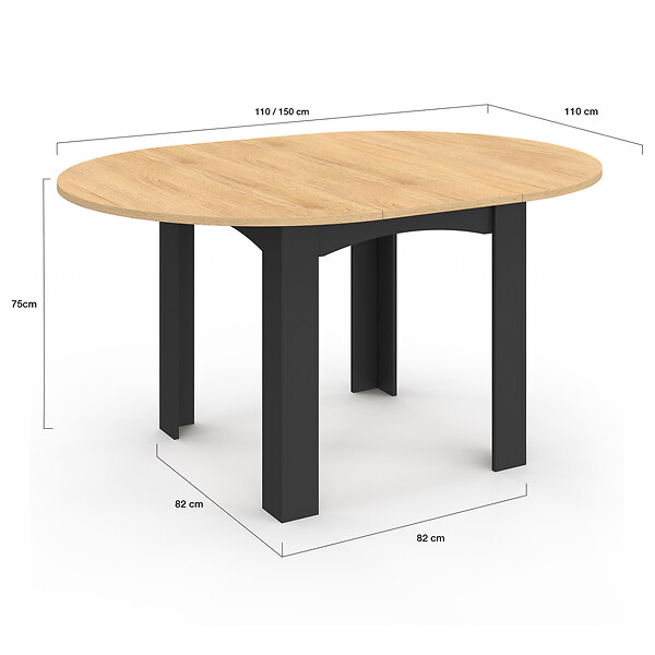 ID MARKET - Table à manger extensible ronde DONA 4-8 personnes noire plateau façon hêtre 110-150 cm - large