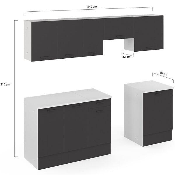 ID MARKET - Cuisine complète 240 cm SUBTIL avec plan de travail 7 éléments blanc et gris - large