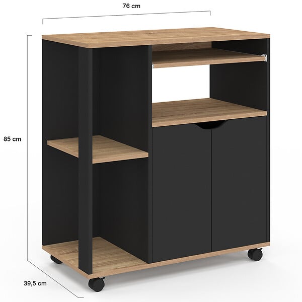 ID MARKET - Desserte de cuisine COSI bois noir et plateaux façon hêtre L.76 CM - large