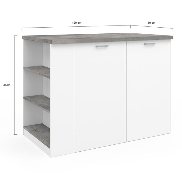 ID MARKET - Ilot central TIBO 120 cm bois blanc avec plan de travail façon béton - large