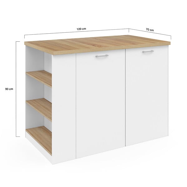 ID MARKET - Ilot central TIBO 120 cm bois blanc avec plan de travail façon hêtre - large