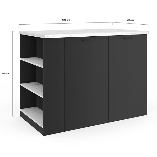 ID MARKET - Ilot central TIBO 120 cm bois noir avec plan de travail effet marbre ALASKA - large