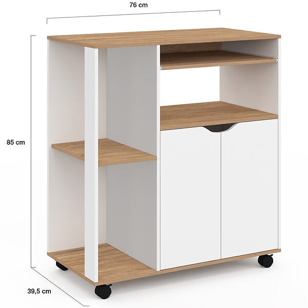ID MARKET - Desserte de cuisine COSI bois blanc et plateaux façon hêtre L.76 CM - large