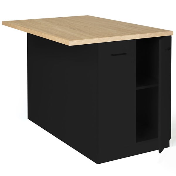 ID MARKET - Ilot central IVO 120 cm bois noir avec plan de travail façon hêtre - large