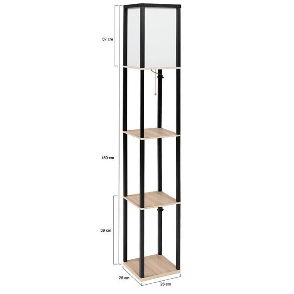 ID MARKET - Lampadaire industriel en bois noir avec étagères en bois clair et abat-jour carré blanc - large