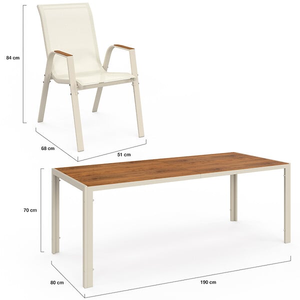 ID MARKET - Salon de jardin NOUMEA table 190 cm plateau verre trempé effet bois et 8 chaises empilables beige et bois - large