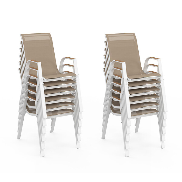ID MARKET - Salon de jardin NOUMEA table extensible 135/270 CM plateau verre trempé effet bois et 12 chaises empilables blanc et bois - large