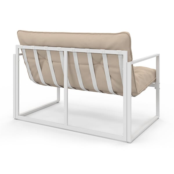 ID MARKET - Salon de jardin bas NAIROBI 4 places en acier blanc et coussins beiges - large