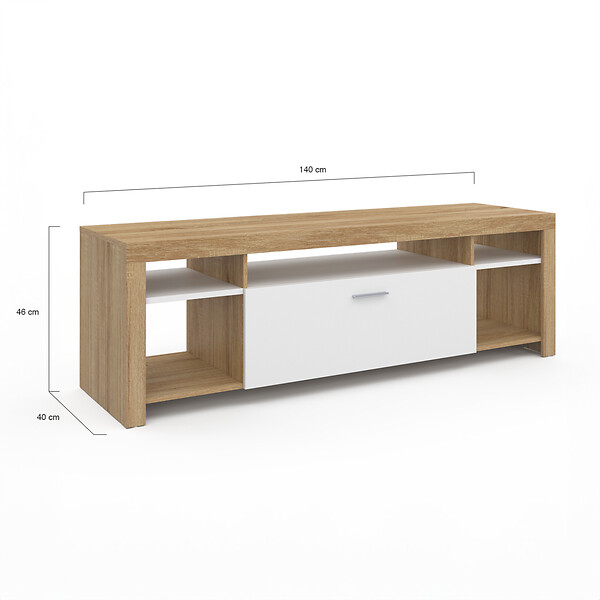 ID MARKET - Meuble TV 140 cm MALO bois et placard blanc - large