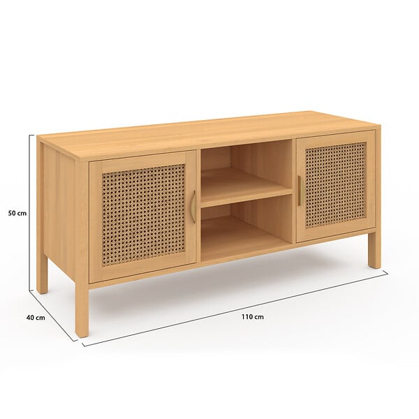 ID MARKET - Meuble TV 110 cm EDHEN 2 portes bois et cannage - large