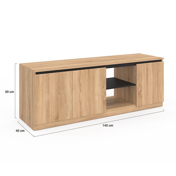 ID MARKET - Meuble TV TOMI 3 portes bois façon hêtre et noir 140 cm - large