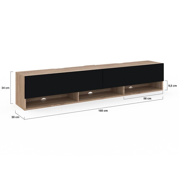 ID MARKET - Meuble TV 180 cm suspendu ELIO 2 portes avec étagère bois et noir - large
