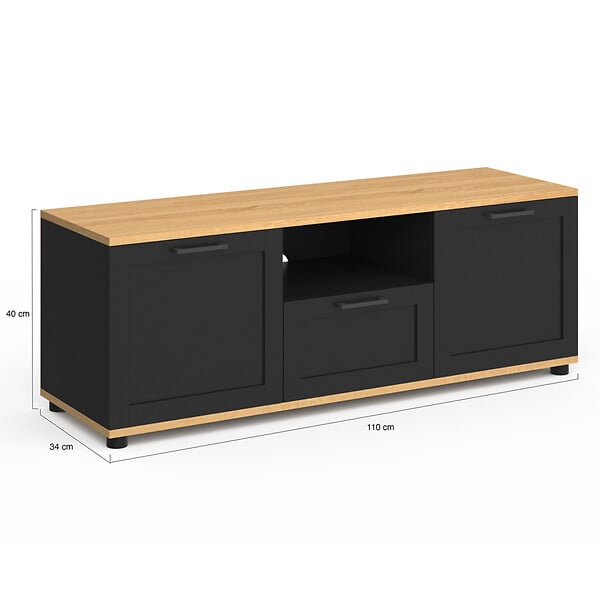 ID MARKET - Meuble TV 110 cm VITO avec tiroir et niche noir et bois - large