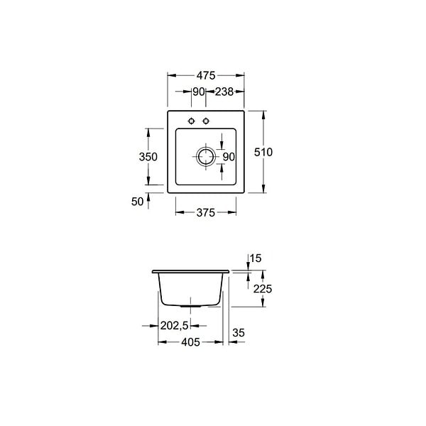 VILLEROY ET BOCH - Evier 1 bac sans egouttoir  Subway Pure XS 47,5 x 51 cm Blanc vidage automatique inclus - large