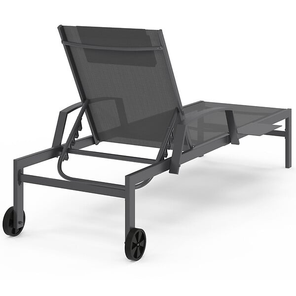 ID MARKET - Lot de 2 transats de jardin inclinables JAVA avec tablettes en acier gris et toile grise - large