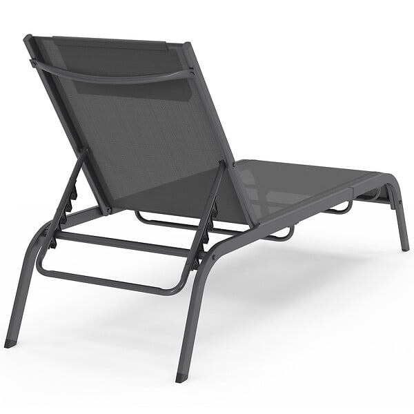 ID MARKET - Lot de 2 transats de jardin inclinables BORA avec table d'appoint modulable en acier gris anthracite et toile grise - large