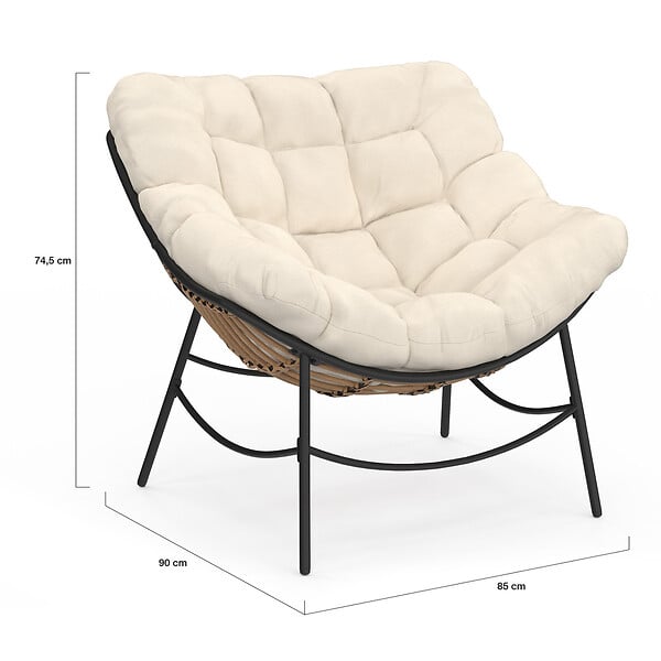 ID MARKET - Fauteuil de jardin relax LOA effet rotin avec coussin écru - large