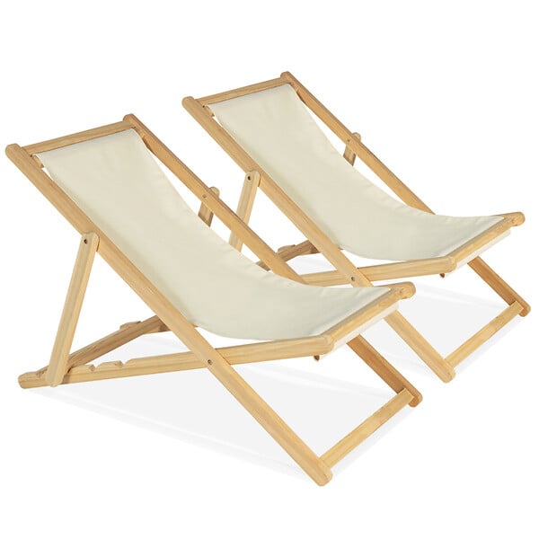 ID MARKET - Lot de 2 chaises longues pliantes chilienne bois toile écrue - large