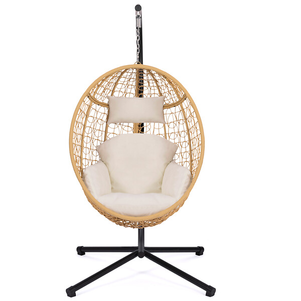 ID MARKET - Fauteuil oeuf suspendu ajouré effet rotin avec coussin écru - large