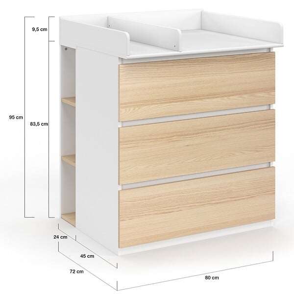 ID MARKET - Commode à langer évolutive AMBRE façon hêtre et blanc 3 tiroirs table à langer et 2 étagères amovibles - large