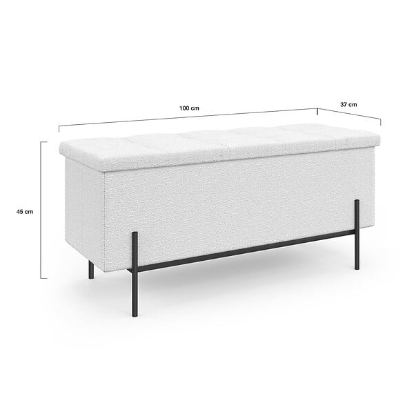 ID MARKET - Banc coffre rangement LOUIS pieds métal noir 100 cm tissu bouclette blanc - large