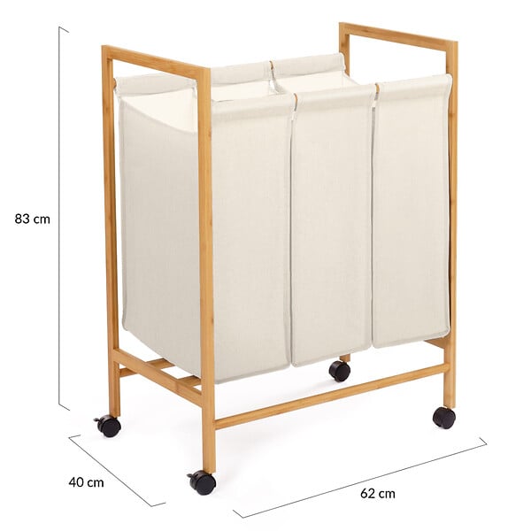ID MARKET - Panier à linge 3 compartiments bambou RITA tissu écru avec roulettes - large