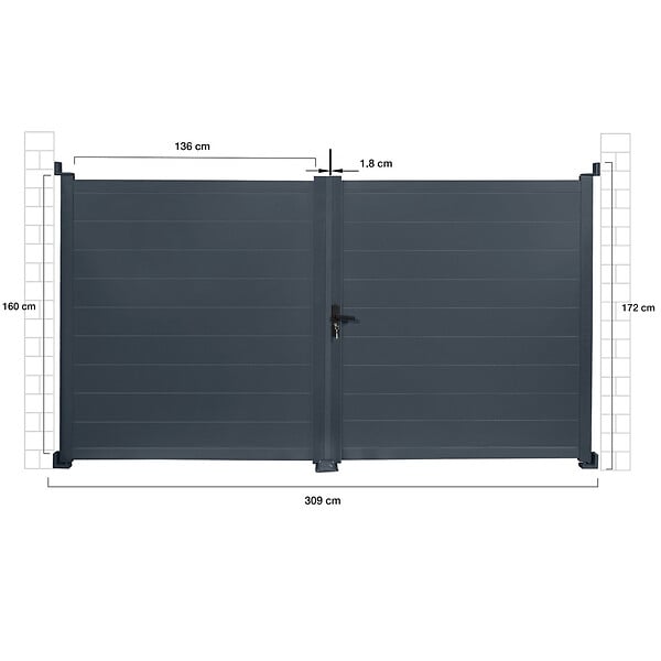 ID MARKET - Portail battant 302x160 cm en aluminium gris anthracite - large