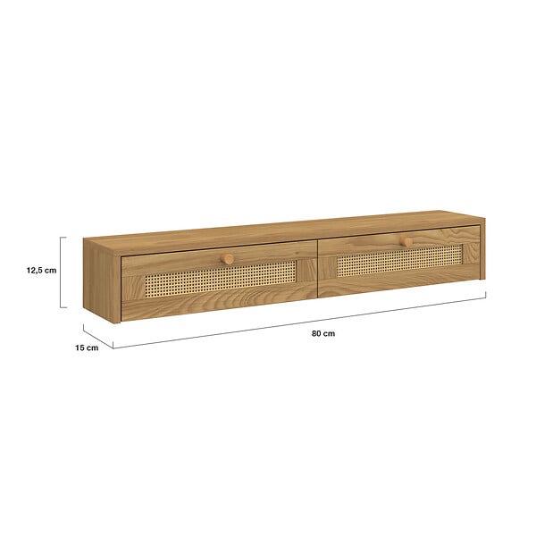 ID MARKET - Etagère murale console d'entrée HANAE 2 tiroirs effet naturel cannage - large