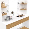 ID MARKET - Coiffeuse ZELIA blanc et hêtre table de maquillage 4 étagères, miroir LED et tabouret - vignette