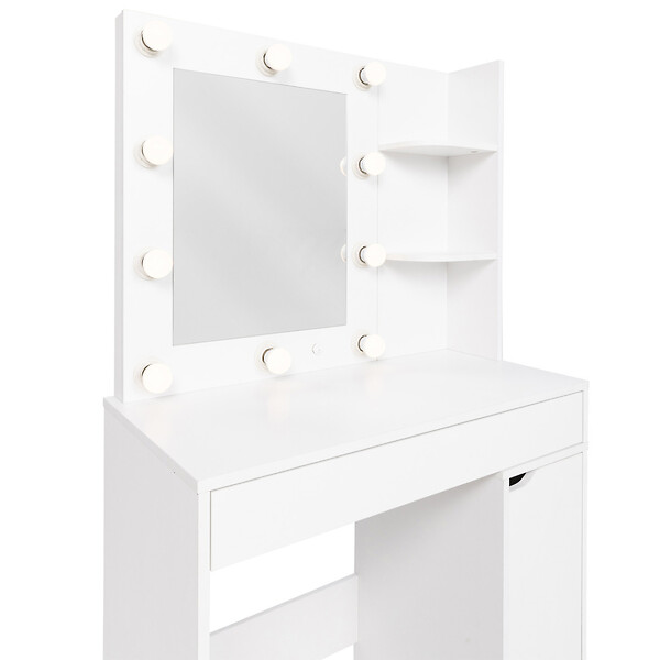 ID MARKET - Coiffeuse ZELIA miroir LED avec 1 tiroir, étagères, caisson de rangement et tabouret - large