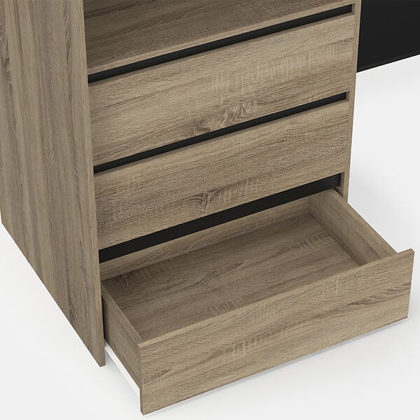 ID MARKET - Dressing extensible d'angle MARLON 200 x 150 x 180 cm hêtre avec penderies + tiroirs + étagères + rideaux noirs - large