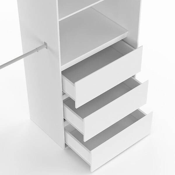 ID MARKET - Dressing extensible MARTY 120/170 x 50 x 180 cm blanc avec 3 tiroirs + étagères + double penderie + rideau gris - large