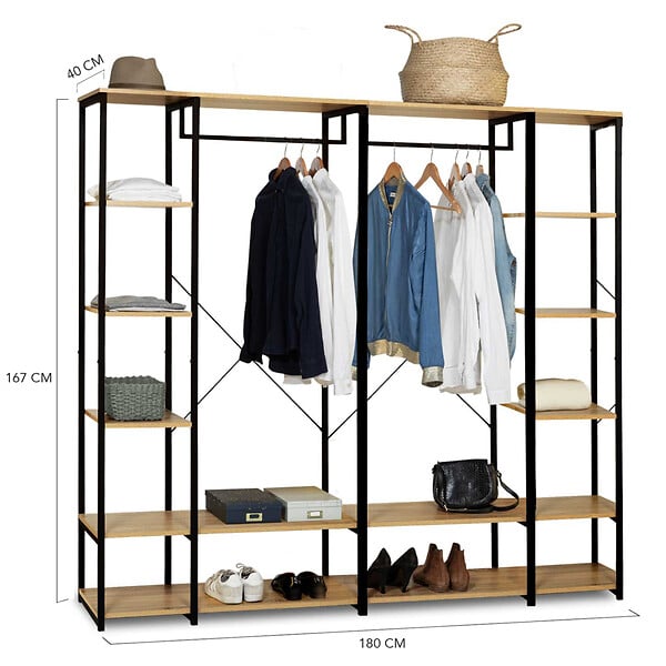 ID MARKET - Dressing modulable double penderie étagère L. 180 cm DETROIT design industriel - large