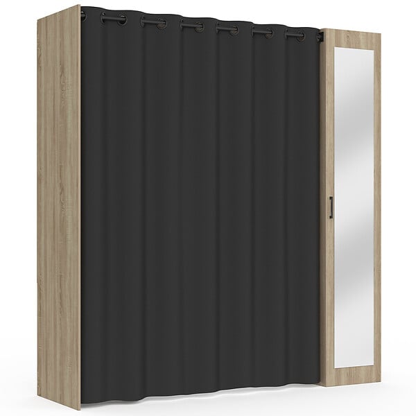 ID MARKET - Dressing extensible MERYL 145/170 x 50 x 180 cm hêtre avec étagères + double penderie + miroir + rideau noir - large