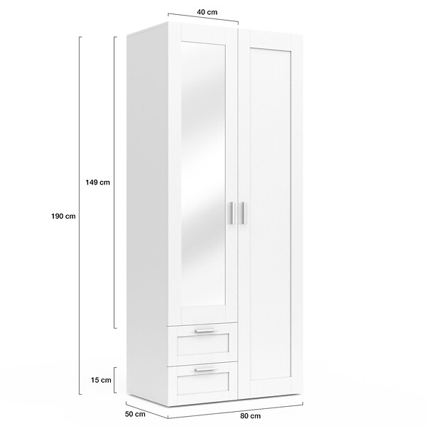 ID MARKET - Armoire 2 portes VITO blanc penderie 80 cm avec 2 tiroirs, miroir et étagères - large