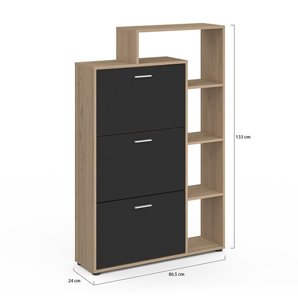 ID MARKET - Meuble à chaussures 18 paires KLARK imitation hêtre 3 portes noires avec étagère - large