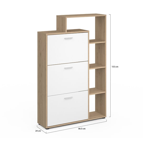 ID MARKET - Meuble à chaussures 18 paires KLARK imitation hêtre 3 portes blanches avec étagère - large