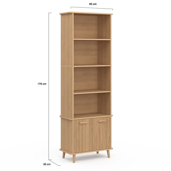 ID MARKET - Etagère bibliothèque 4 niveaux avec placard JULIETTE lattes tasseau bois coloris chêne - large