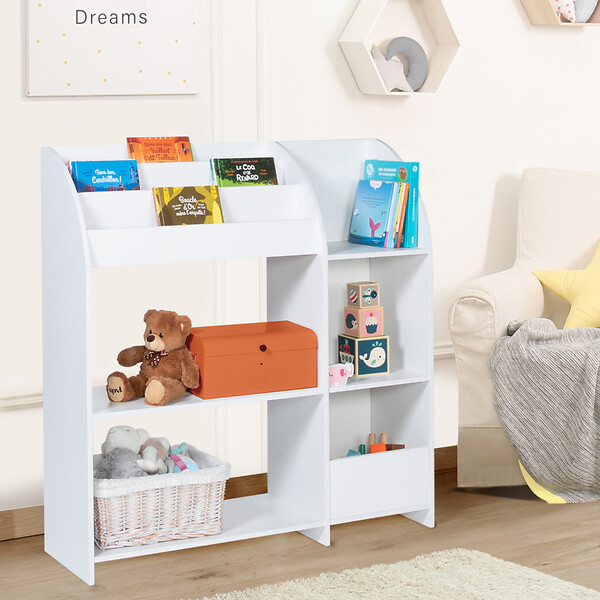 ID MARKET - Meuble de rangement EMMA étagère jouets et bibliothèque enfant en bois blanc - large