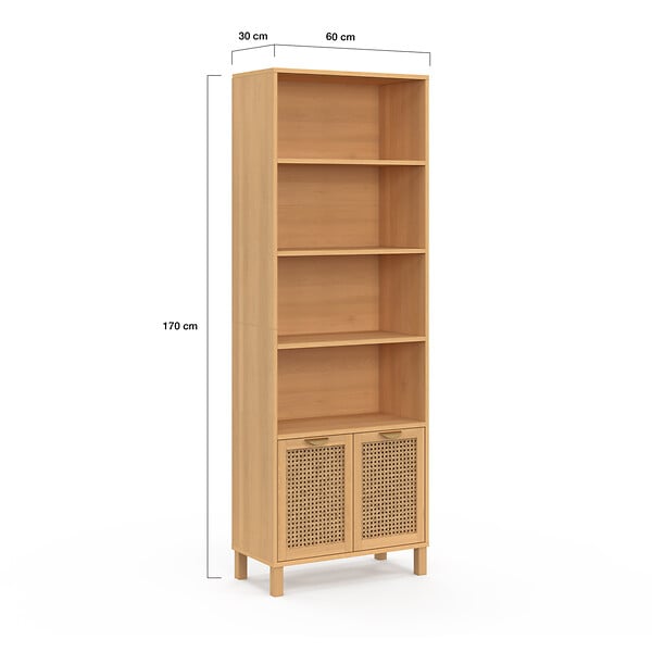 ID MARKET - Etagère bibliothèque 4 niveaux avec placard EDHEN cannage et bois - large