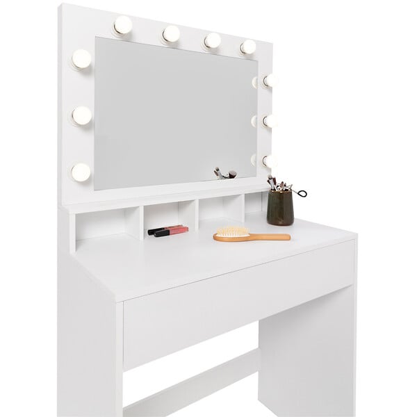 ID MARKET - Coiffeuse ZELIA miroir LED avec 4 niches, 1 tiroir et tabouret - large