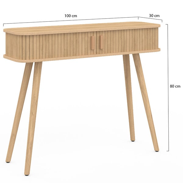 ID MARKET - Console 2 portes coulissantes ROMIE lattes tasseau bois coloris chêne - large