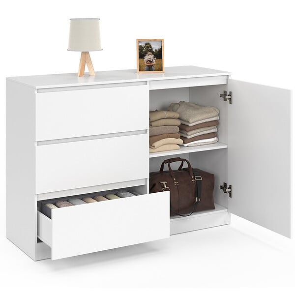 ID MARKET - Commode 3 tiroirs + 1 porte TOMI 110 cm bois blanc - large