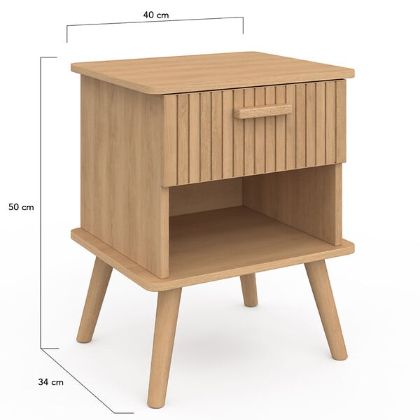 ID MARKET - Lot de 2 tables de chevet JULIETTE 1 tiroir avec niche effet lattes tasseau bois - large