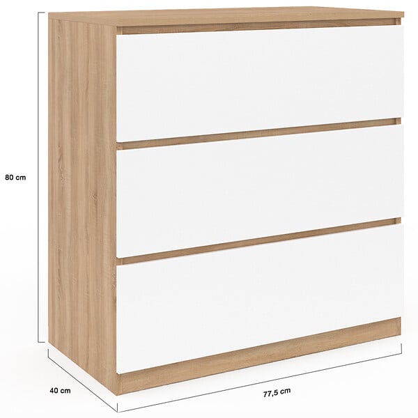 ID MARKET - Commode 3 tiroirs TOMI 78 cm façon hêtre et blanc - large