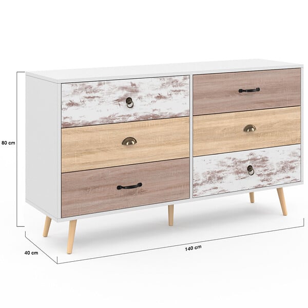 ID MARKET - Commode 6 tiroirs BAHIA XXL 140 cm scandinave - large