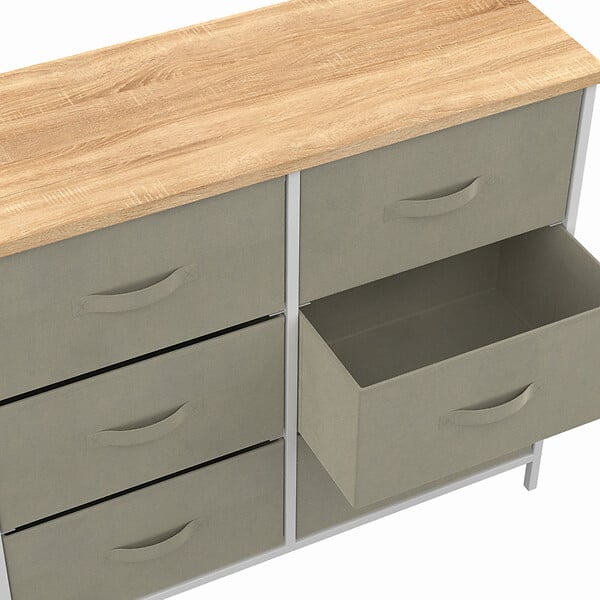 ID MARKET - Commode 6 tiroirs en tissu ALTA 80 cm gris clair et plateau effet bois design industriel - large