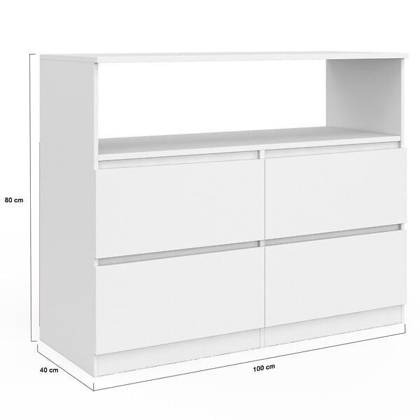 ID MARKET - Commode 4 tiroirs TOMI 100 cm avec niche bois blanc - large